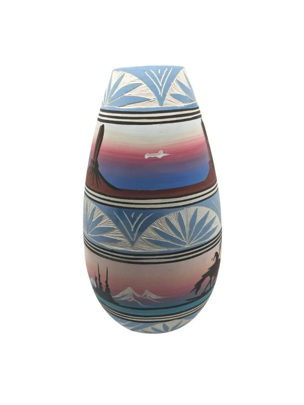 Navajo Pottery Vase Southwest Desert Landscape & Etched Pastel Signed